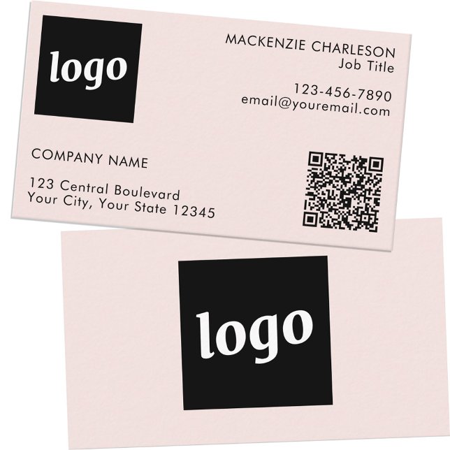 Carte De Visite Logo simple et texte QR Code bleu rose (Logo QR code and text custom blush pink business cards)