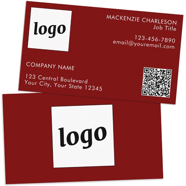 Carte De Visite Logo simple et texte QR Code noir Bourgogne rouge (Simple logo QR code custom text professional branding business card dark burgundy red)