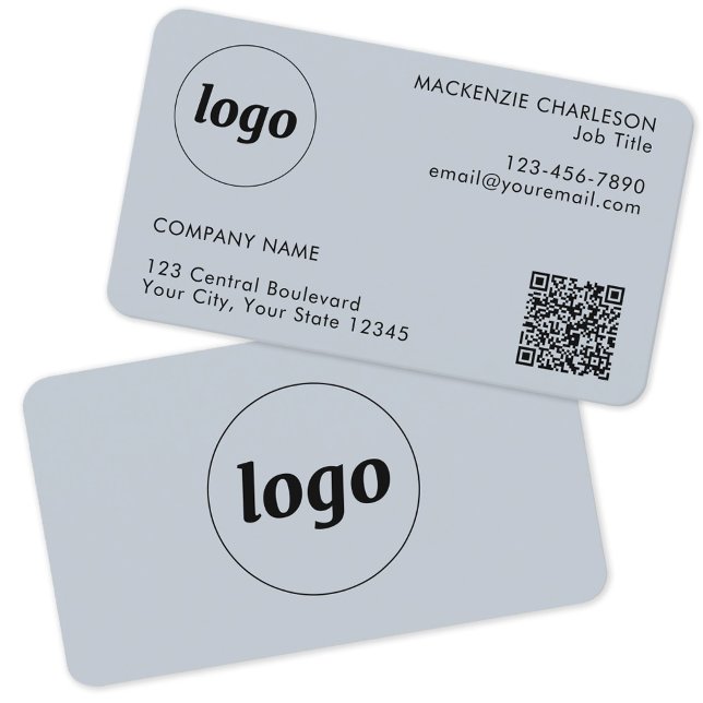 Carte De Visite Logo simple et texte QR Code Poudre bleu (Logo with QR code and custom text powder blue business card)