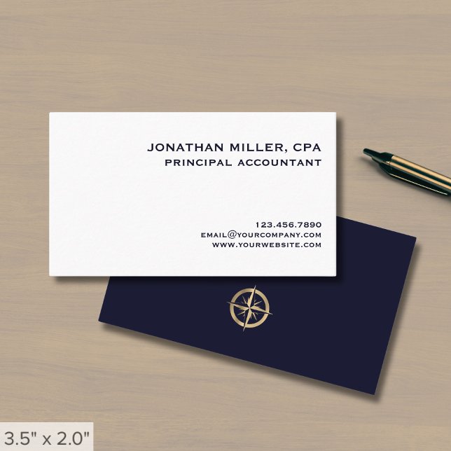 Carte De Visite Logo Simple White Navy Blue Gold Compass (Créateur téléchargé)