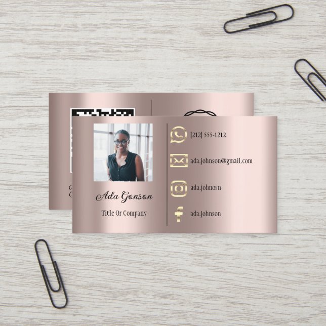 Carte De Visite Logo Social Media QR Code Photo Custom Rose Blush (Devant/Arrière en situation)