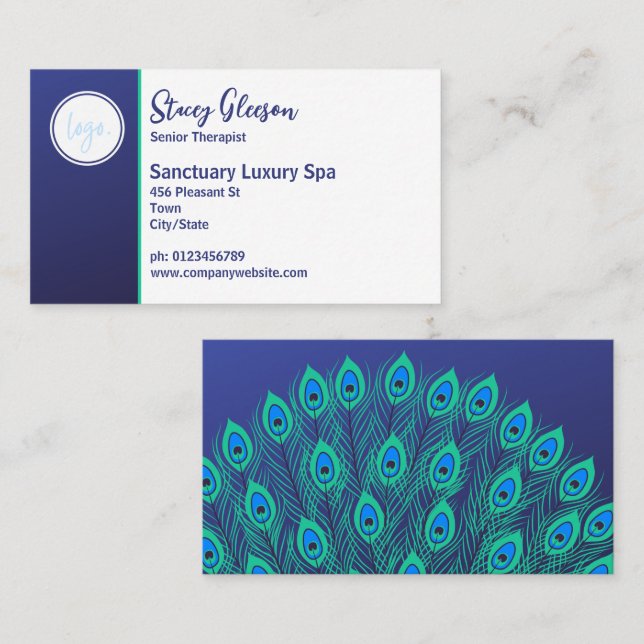 CARTE DE VISITE LOGO STYLISÉ ART DÉCO BLEU BLANC PEACOCK FEATHERS (Devant / Derrière)