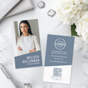 Carte De Visite Logo Vertical Code QR Photo Moderne Bleu