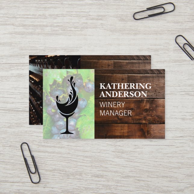 Carte De Visite Logo Vin | Cave en bois | Raisins (Devant/Arrière en situation)