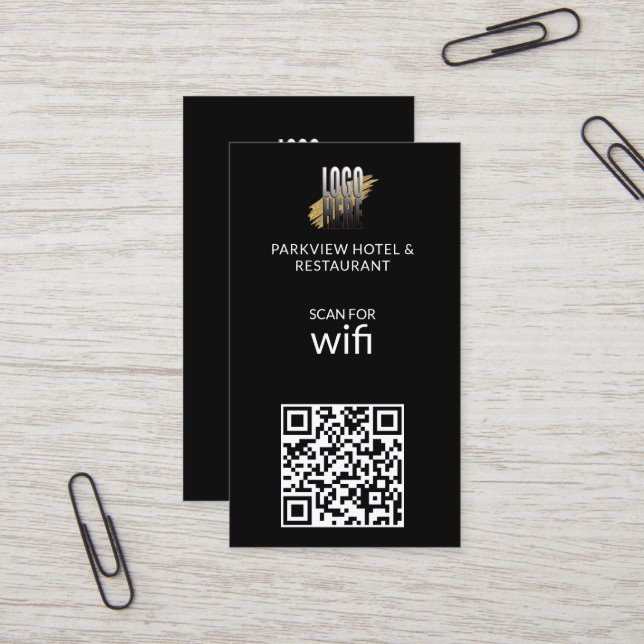 Carte De Visite Logo Wifi moderne QR Code sur noir (Devant/Arrière en situation)