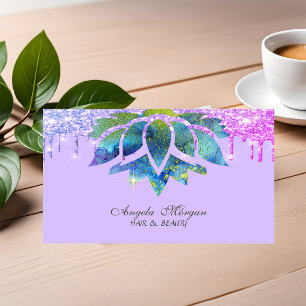 Carte De Visite Lotus Bleu Élégant Paillettes Gouttes Violet