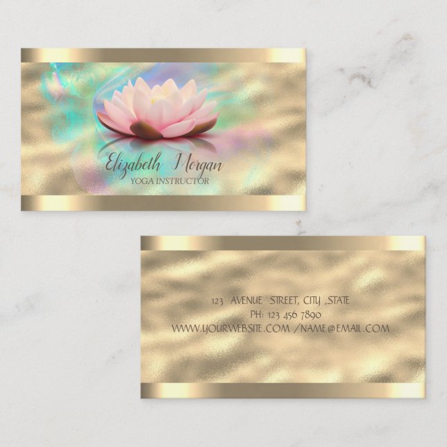 Carte De Visite Lotus Flower Gold Stripe Rose Or Holographique Enc (Devant / Derrière)