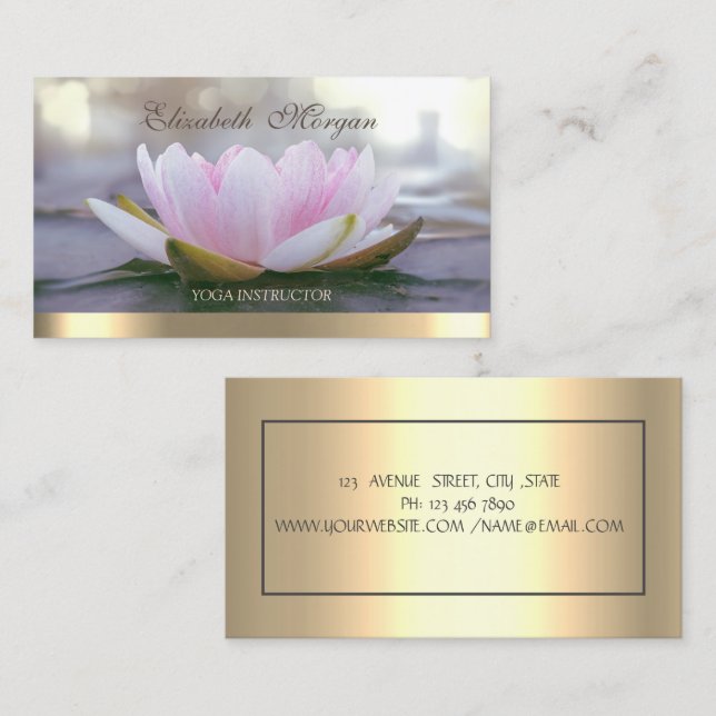 Carte De Visite Lotus Rose Élégant Professionnel, Yoga Grille Or (Devant / Derrière)