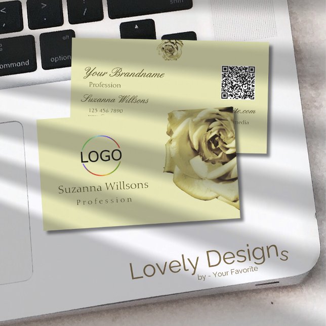 Carte De Visite Lovely Rose Plain Pastel Beige Logo et QR Code (Créateur téléchargé)