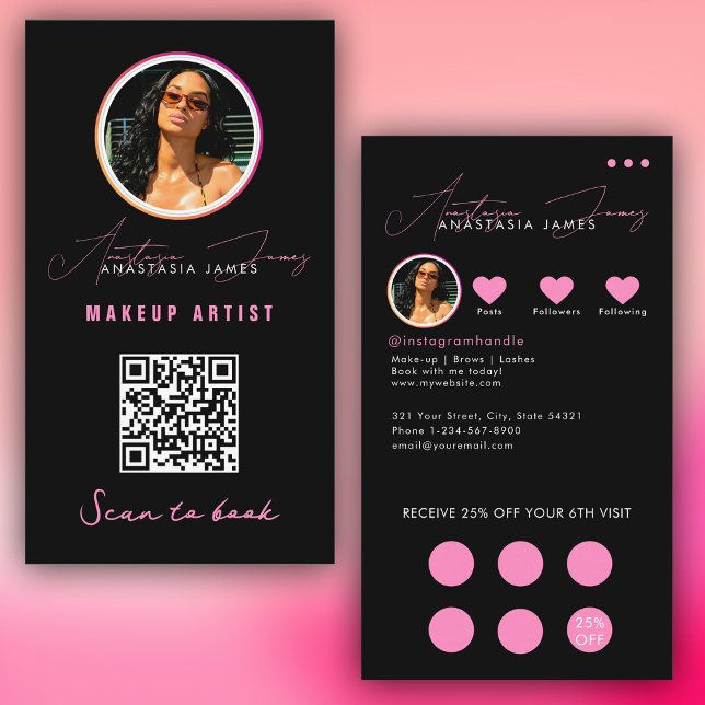 Carte De Visite Loyauté de remise pour petites entreprises Code QR (Small Business Discount Loyalty QR Code Black Pink Business Card)
