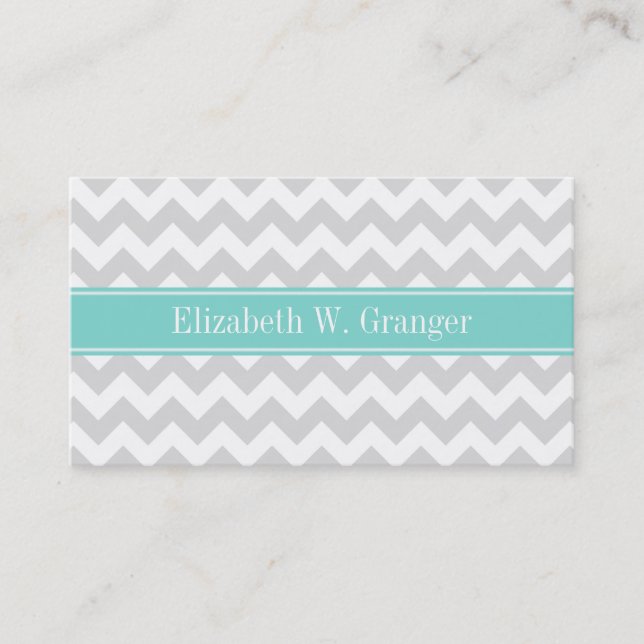 Carte De Visite Lt Gray Wht Chevron ZigZag Aqua Nom Monogram (Devant)
