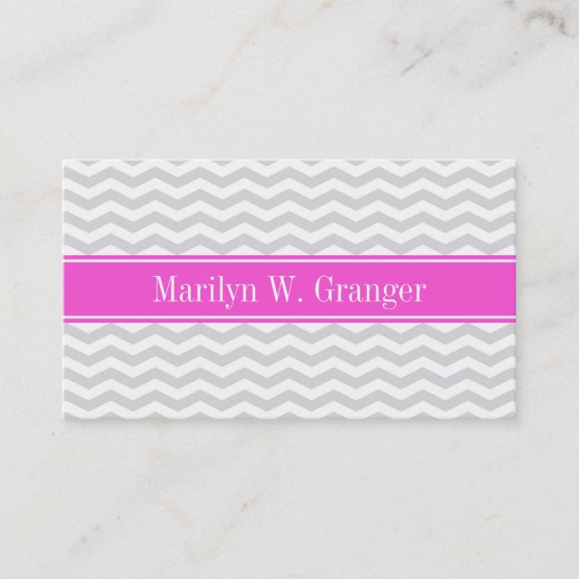 Carte De Visite Lt Gray Wht Thin Chevron Hot Pink Nom Monogram (Devant)
