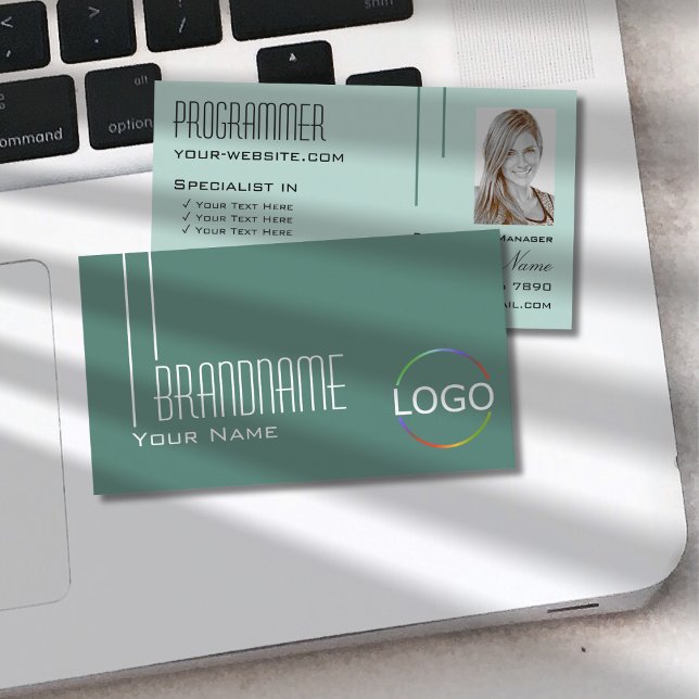 Carte De Visite Lumière foncée moderne Turquoise avec logo et phot (Créateur téléchargé)