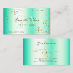 Carte De Visite Lumineuse Turquoise Golden Ornate Corner Initiales