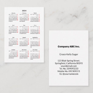 Carte De Visite Lundi 2024 Début Mini-Calendrier Tout Blanc