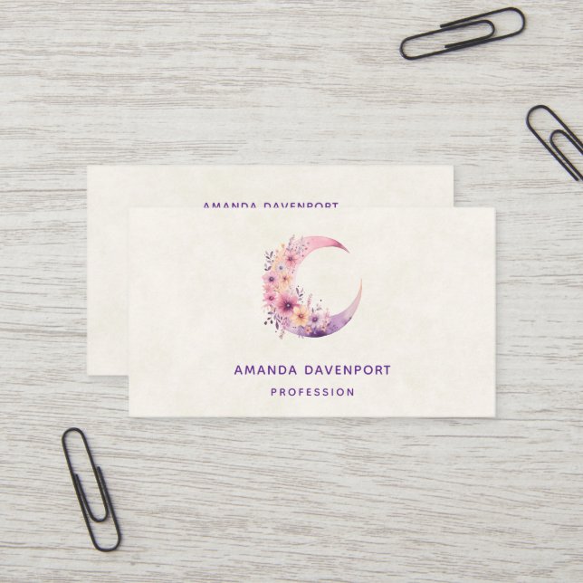 Carte De Visite Lune rose Croissant avec de jolies fleurs (Devant/Arrière en situation)