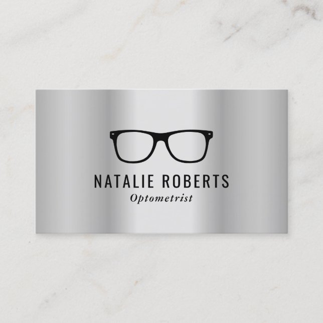 Carte De Visite Lunettes d'oeil optométriste moderne argent métall (Devant)
