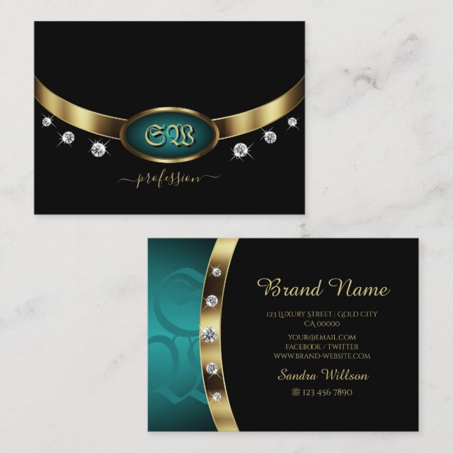 Carte De Visite Luxe Black Gold Turquoise avec Initiales et Diaman (Devant / Derrière)