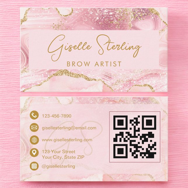 Carte De Visite Luxe Brow Artist Blush Pink Gold Agate QR Code (Créateur téléchargé)