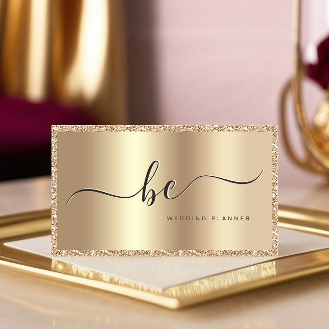 Carte De Visite Luxe Champagne Gold Script Monogramme Moderne (Créateur téléchargé)