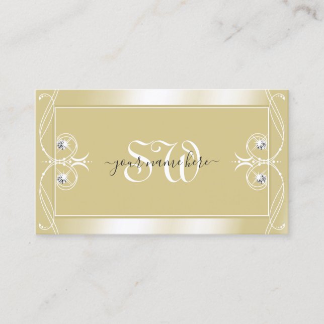 Carte De Visite Luxe Crème Beige Bijoux étincelants Monogramme Orn (Devant)