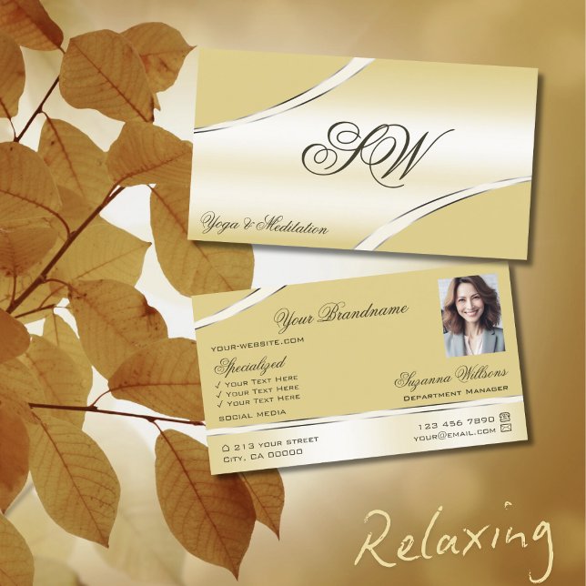 Carte De Visite Luxe Crème Beige Lignes courbes Monogramme et phot (Créateur téléchargé)