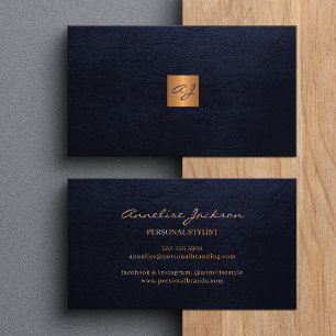 Carte De Visite Luxe élégant monogramme en cuir navy or cuivre