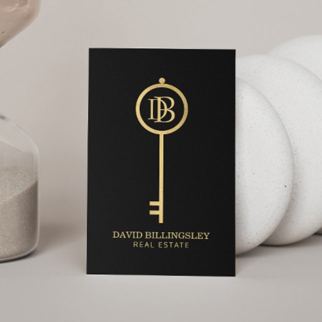 Carte De Visite Luxe Faux Gold Skeleton Key Monogram Realtor (Créateur téléchargé)