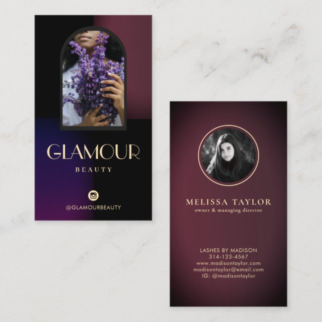Carte De Visite Luxe Faux Gradient Violet et Bourgogne 2 Photos (Devant / Derrière)