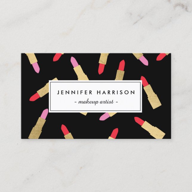 Carte De Visite Luxe Glam Lipstick Motif sur Black Makeup Artiste (Devant)