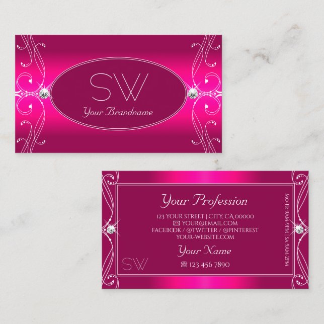Carte De Visite Luxe Glam Rose Ornelé Diamants Étincelants Monogra (Devant / Derrière)