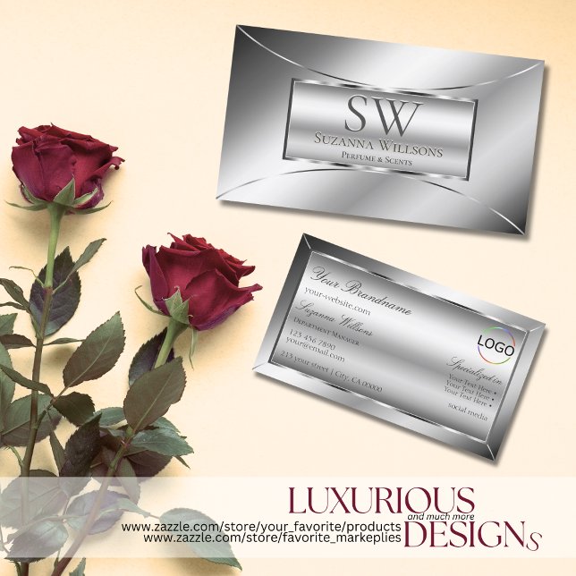 Carte De Visite Luxe Glam Silver Glamor avec Monogramme et Logo (Créateur téléchargé)