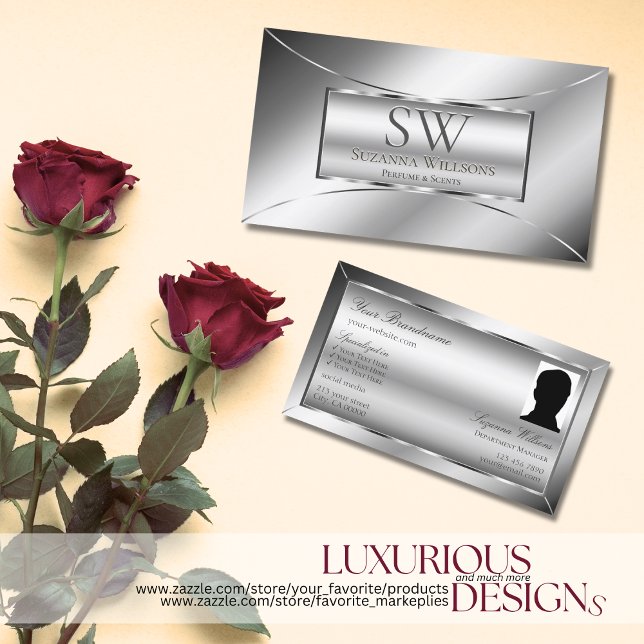 Carte De Visite Luxe Glam Silver Glamor avec Monogramme et Photo (Créateur téléchargé)
