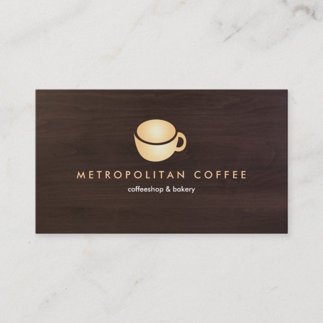 Carte De Visite LUXE GOLD COFEE MUG LOGO sur DARK BROWN WOODGRAIN (Devant)