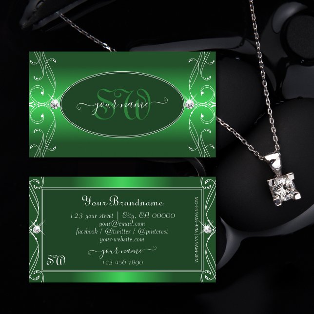 Carte De Visite Luxe Green Gradient Ornate Bijoux étincelants Mono (Créateur téléchargé)