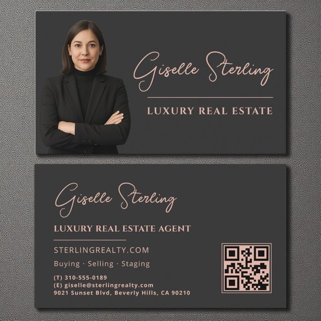 Carte De Visite Luxe Immobilier Blush Pink QR Code Script (Créateur téléchargé)