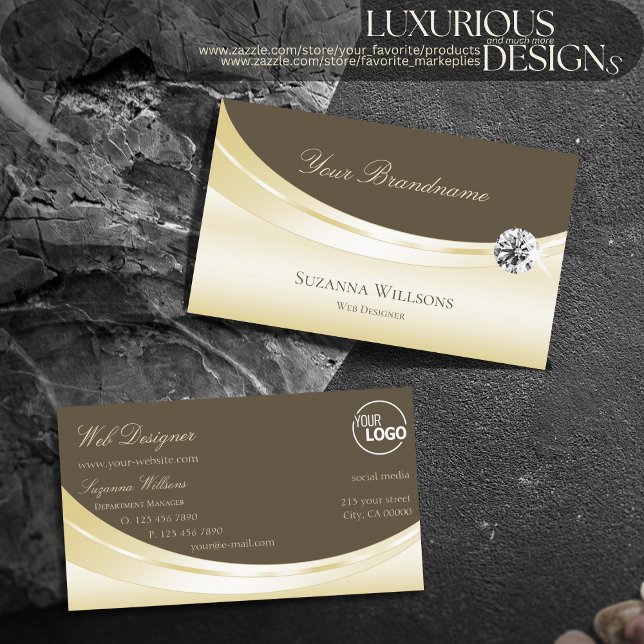Carte De Visite Luxe Light Gold Brown avec logo et Diamond Luxe (Créateur téléchargé)