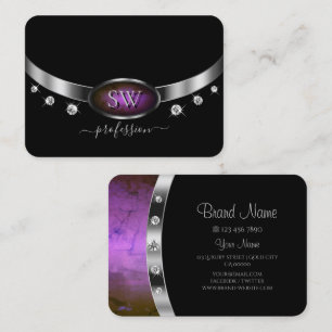 Carte De Visite Luxe noir argenté marbre violet Monogramme diamant