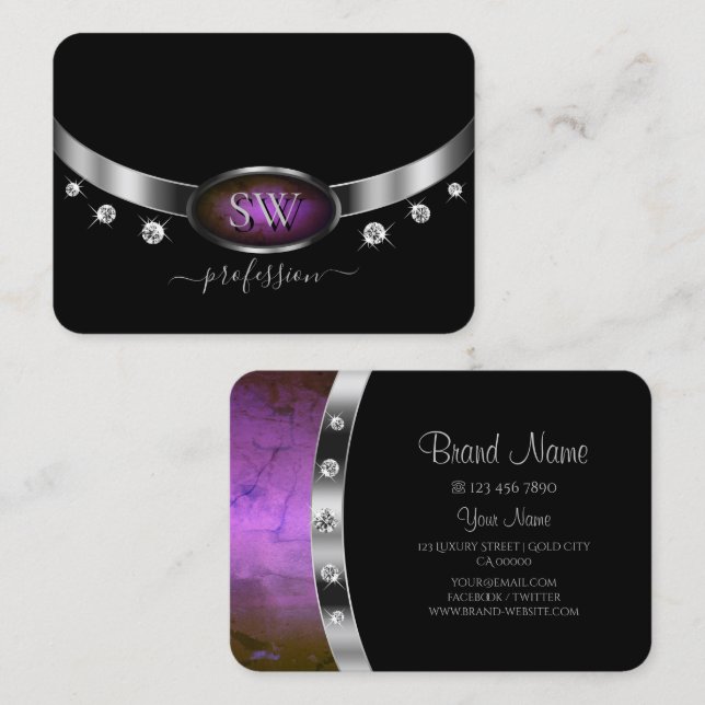 Carte De Visite Luxe noir argenté marbre violet Monogramme diamant (Devant / Derrière)
