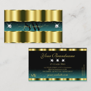 Carte De Visite Luxe Or Turquoise noir brillant Diamants Initiales