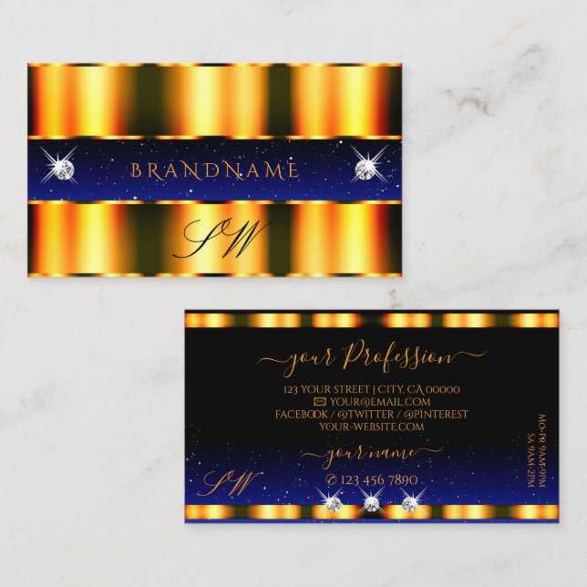 Carte De Visite Luxe Orange Bleu Noir Éparké Bijoux Monogramme (Devant / Derrière)