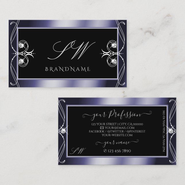 Carte De Visite Luxe Ornate Bleu Bleu Éperche Diamants Monogramme (Devant / Derrière)