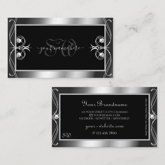 Carte De Visite Luxe Ornate Noir Argent Épargne Bijoux Initiales (Devant / Derrière)