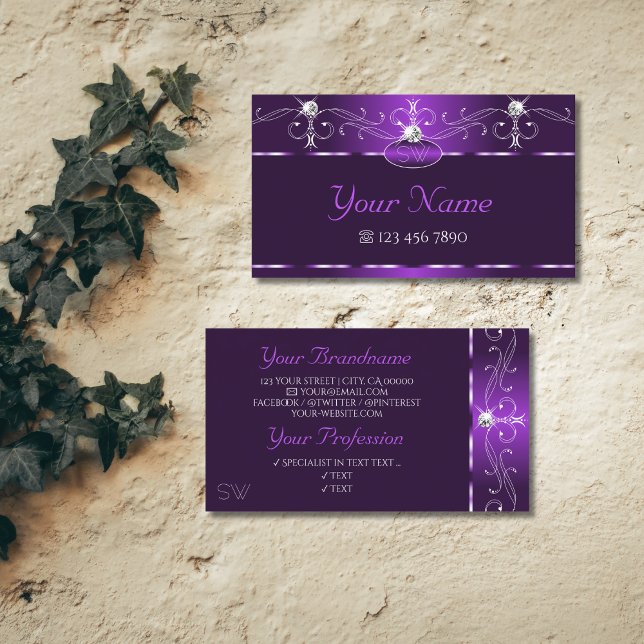 Carte De Visite Luxe Purple Squigles Sparkle Diamonds Monogramme (Créateur téléchargé)