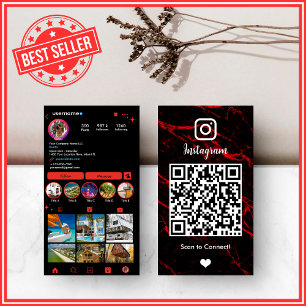 Carte De Visite LUXE QR code Marbre Agate Instagram Rouge & Noir