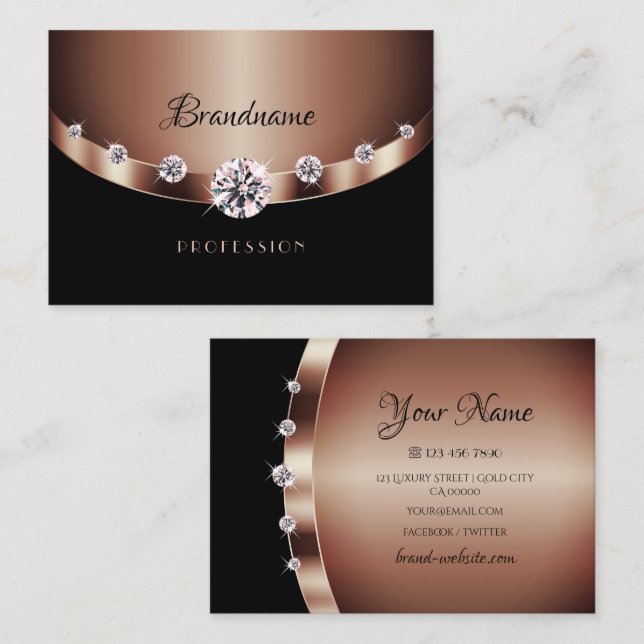 Carte De Visite Luxe Rose Gold Black Shimmery Jewels Rhinestones (Devant / Derrière)