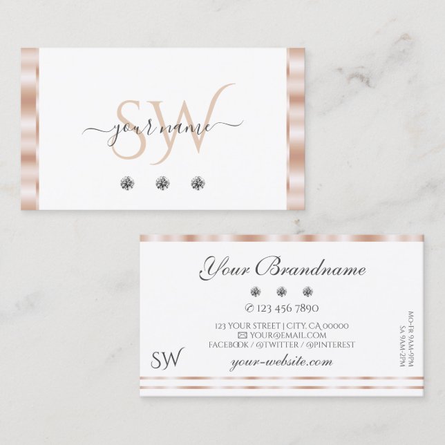 Carte De Visite Luxe Rose Gold Blanc Parkling Bijoux Initiales (Devant / Derrière)