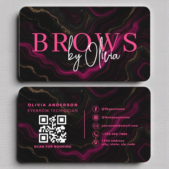 Carte De Visite Luxe rose noir de marbre Brows QR Code (Créateur téléchargé)
