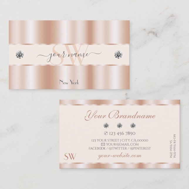 Carte De Visite Luxe Rose or étincelant Bijoux Monogram Luxe Glam (Devant / Derrière)