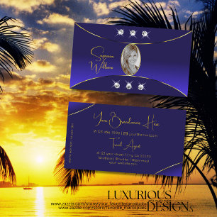 Carte De Visite Luxe Royal Blue avec diamants or déco et photo